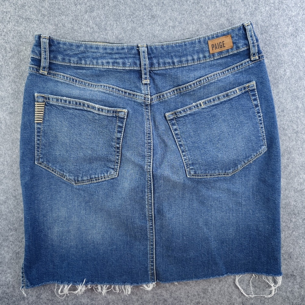 Paige Denim Mini Skirt 27 Blue Medium Wash Raw Frayed Hem Stretch - Picture 7 of 8